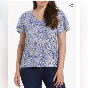 Rafaella Womens Paisley V Neck Short Sleeve Top. Amparo Blue. Size Vario…